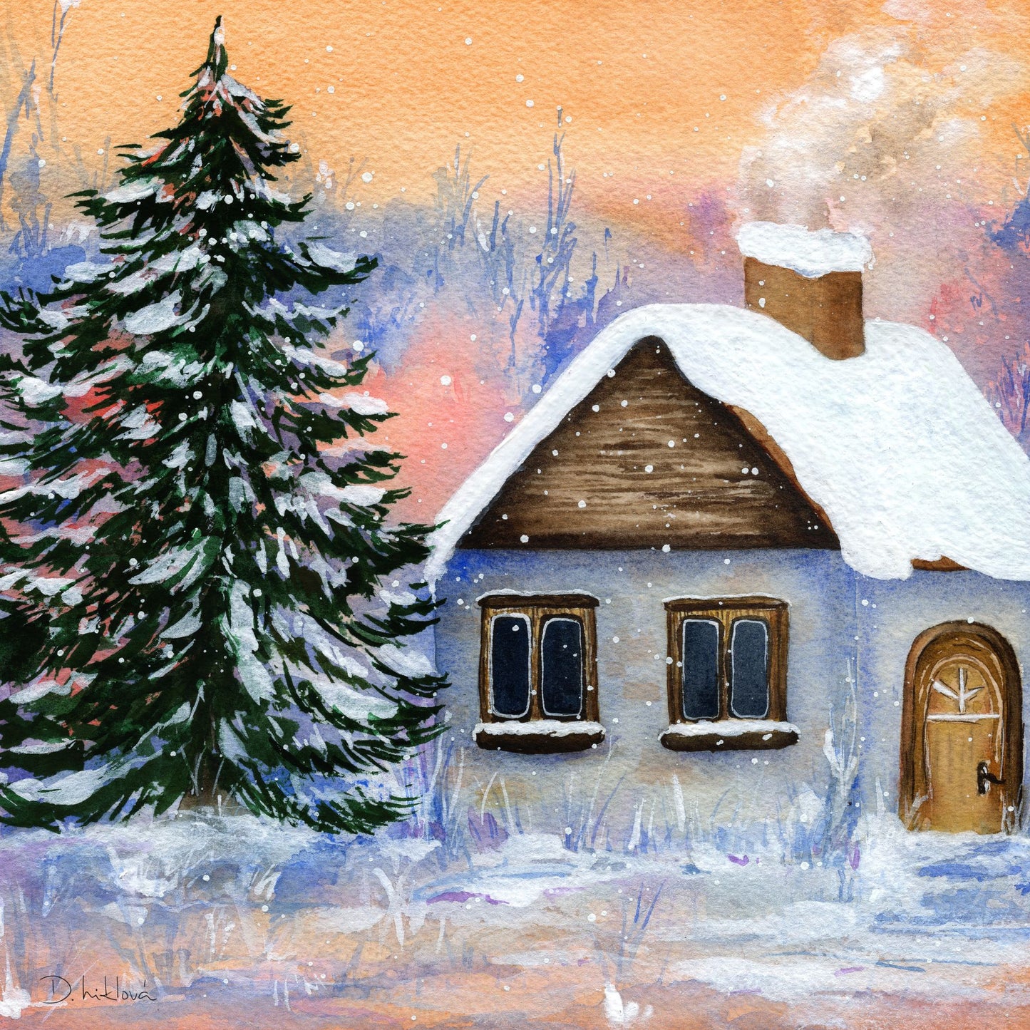 Akvarelová malba zimní chaloupky se zasněženou střechou, kouřícím komínem a smrkem posypaným sněhem na pastelové zimní obloze.