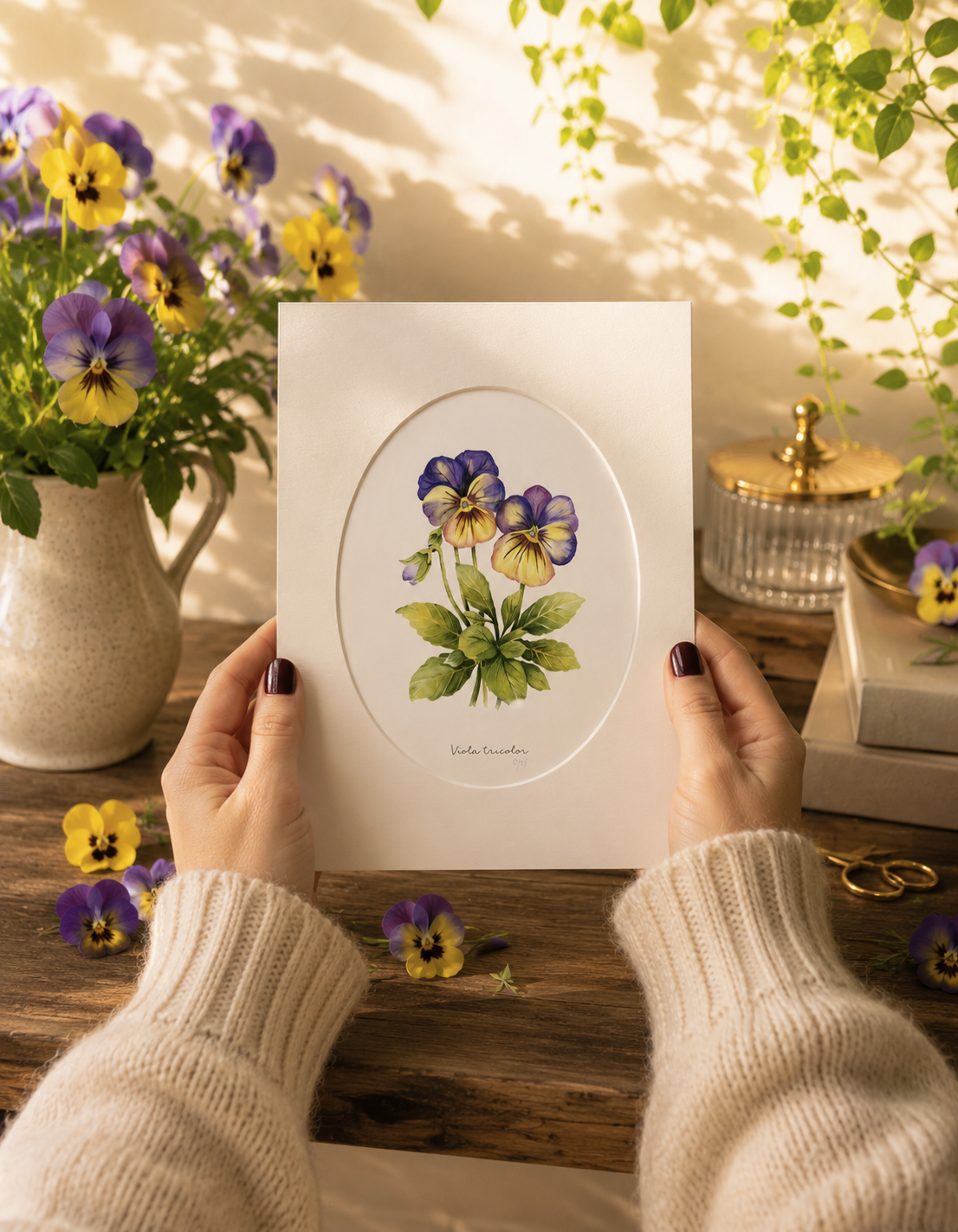 Maceška - autorská akvarelová ilustrace s paspartou | art print