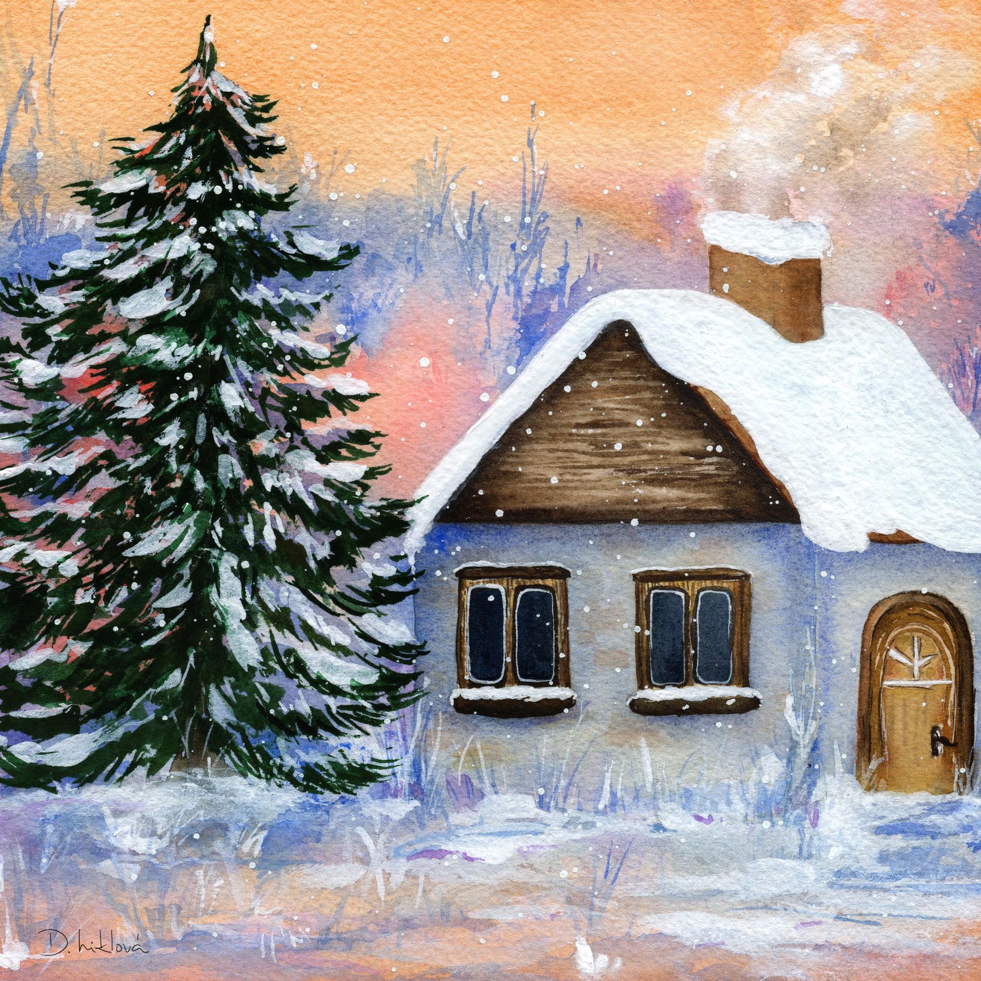 Akvarelová malba zimní chaloupky se zasněženou střechou, kouřícím komínem a smrkem posypaným sněhem na pastelové zimní obloze.