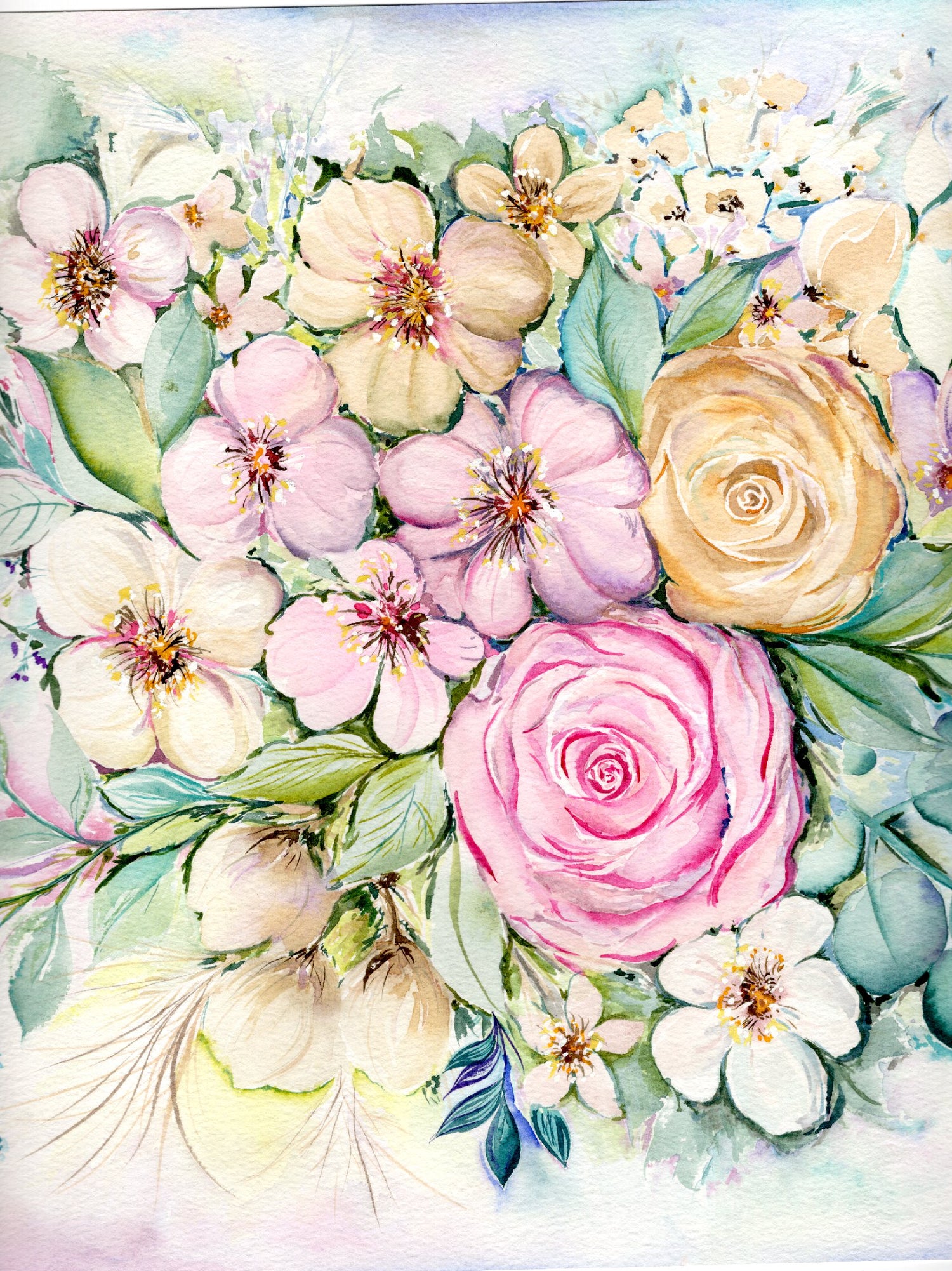 Akvarelová malba květinové kytice s růží, jemnými růžovými a bílými květy a svěží zelení.