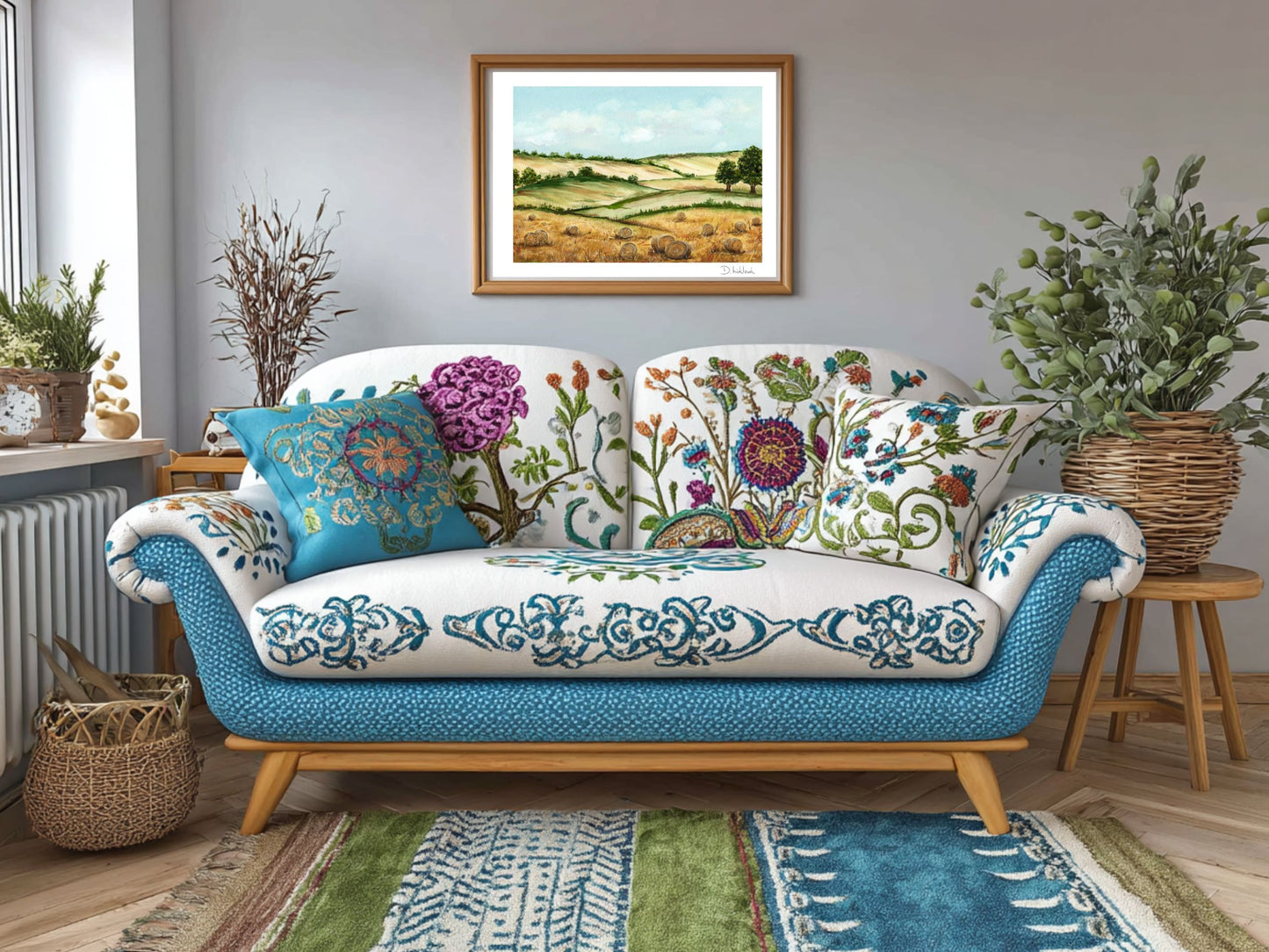 Fine art tisk letního zlatého pole v přírodním rámu zavěšený nad pohovkou s bohatým květinovým čalouněním a barevnými polštáři v útulném interiéru.