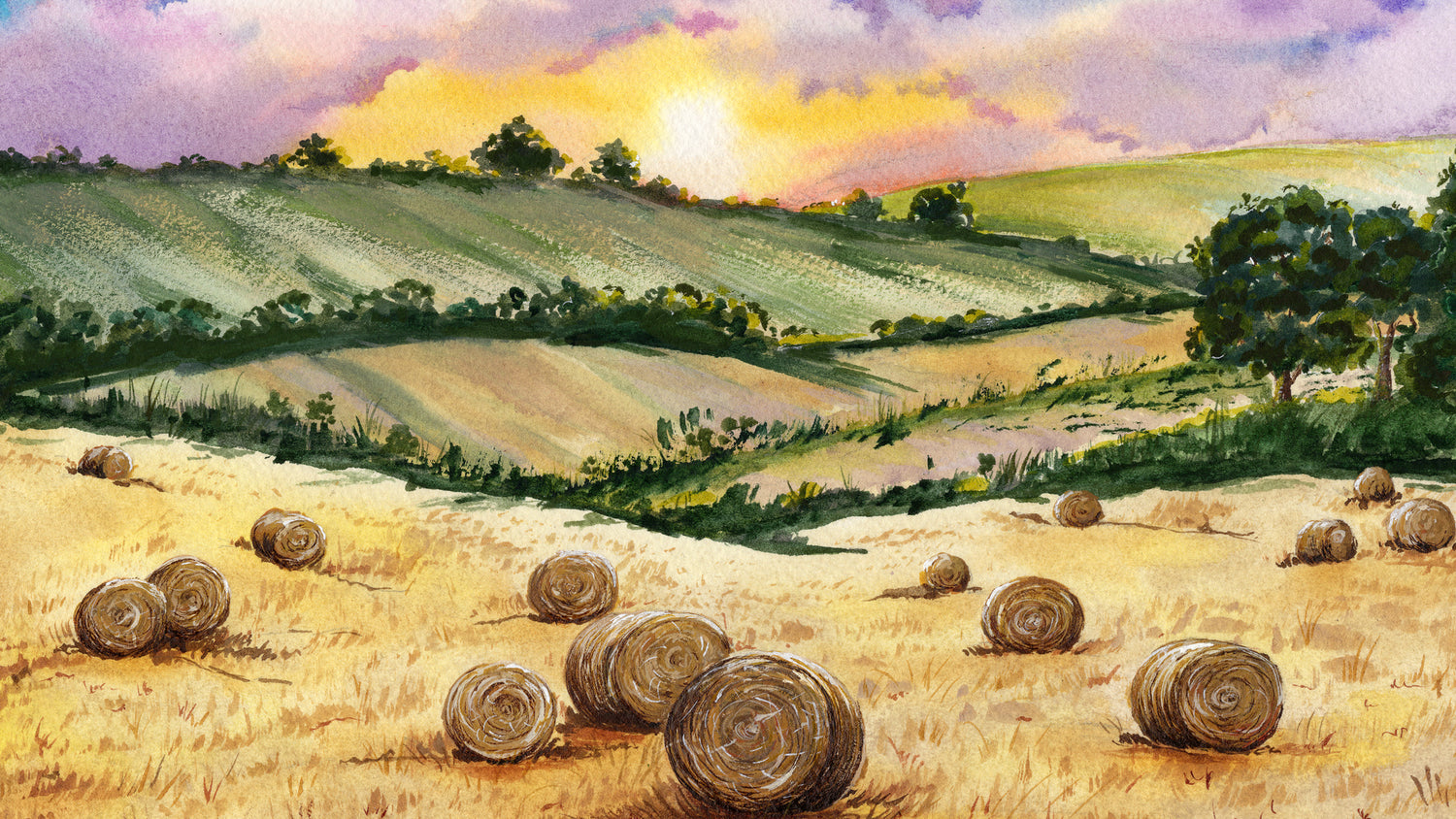 Akvarelová krajina s balíky sena na letním poli, zelenými kopci a jemným zapadajícím sluncem v pozadí.