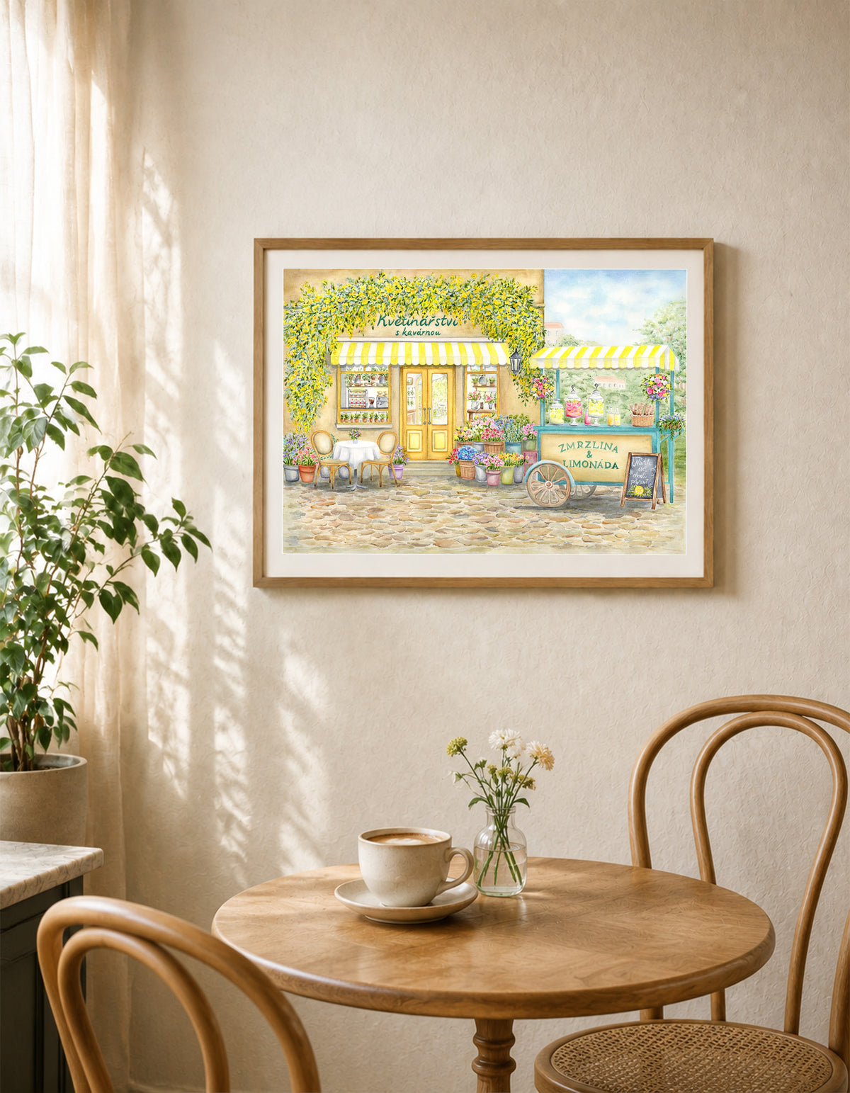 Květinářství s kavárnou - autorská akvarelová ilustrace | art print