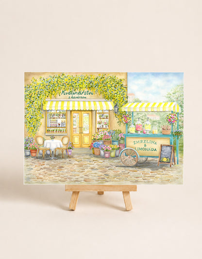 Květinářství s kavárnou - autorská akvarelová ilustrace | art print