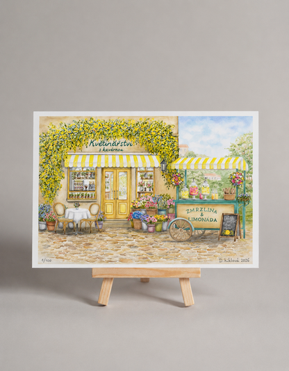Květinářství s kavárnou - autorská akvarelová ilustrace | art print