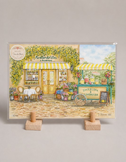 Květinářství s kavárnou - autorská akvarelová ilustrace | art print