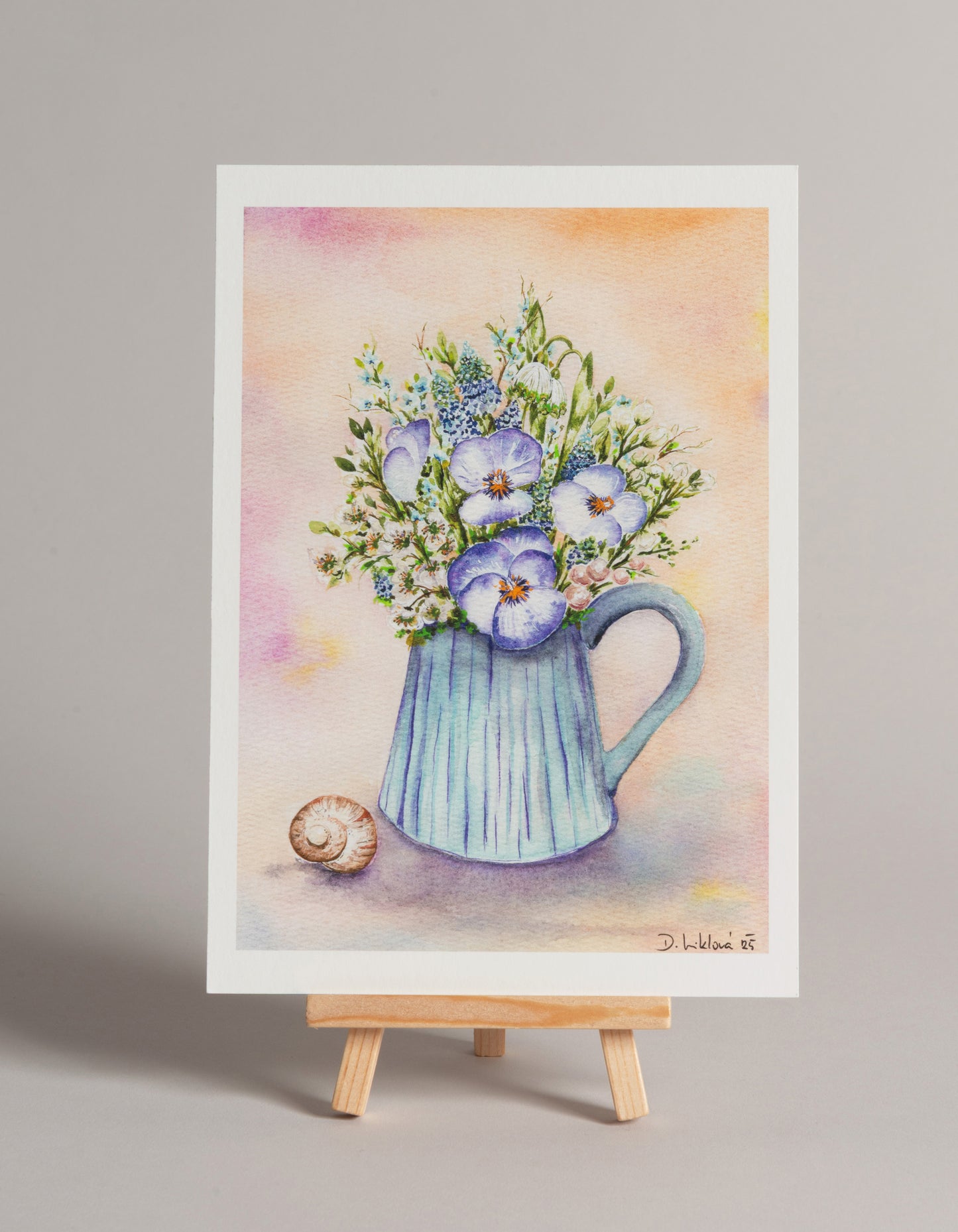 Macešky se šnečí ulitou - autorská akvarelová ilustrace | art print