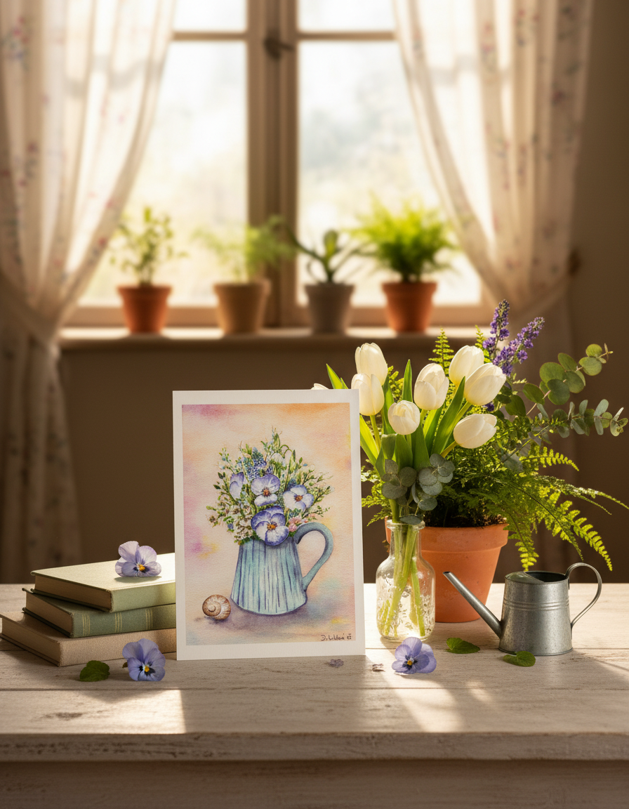 Macešky se šnečí ulitou - autorská akvarelová ilustrace | art print
