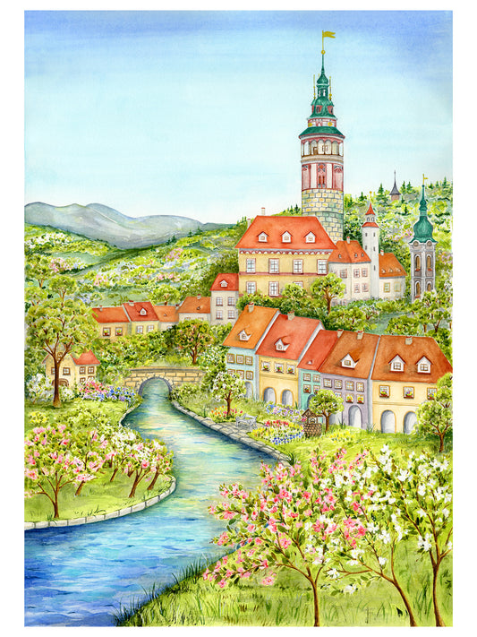 Český Krumlov – akvarelová ilustrace | art print