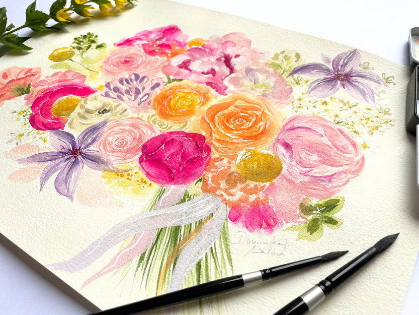 Akvarel svatební kytice – jemná malba růží, pivoněk a lučních květů v pastelových barvách. Originální akvarel od Dominiky z Líbezna.