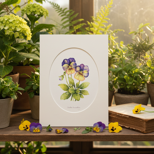 Maceška - autorská akvarelová ilustrace s paspartou