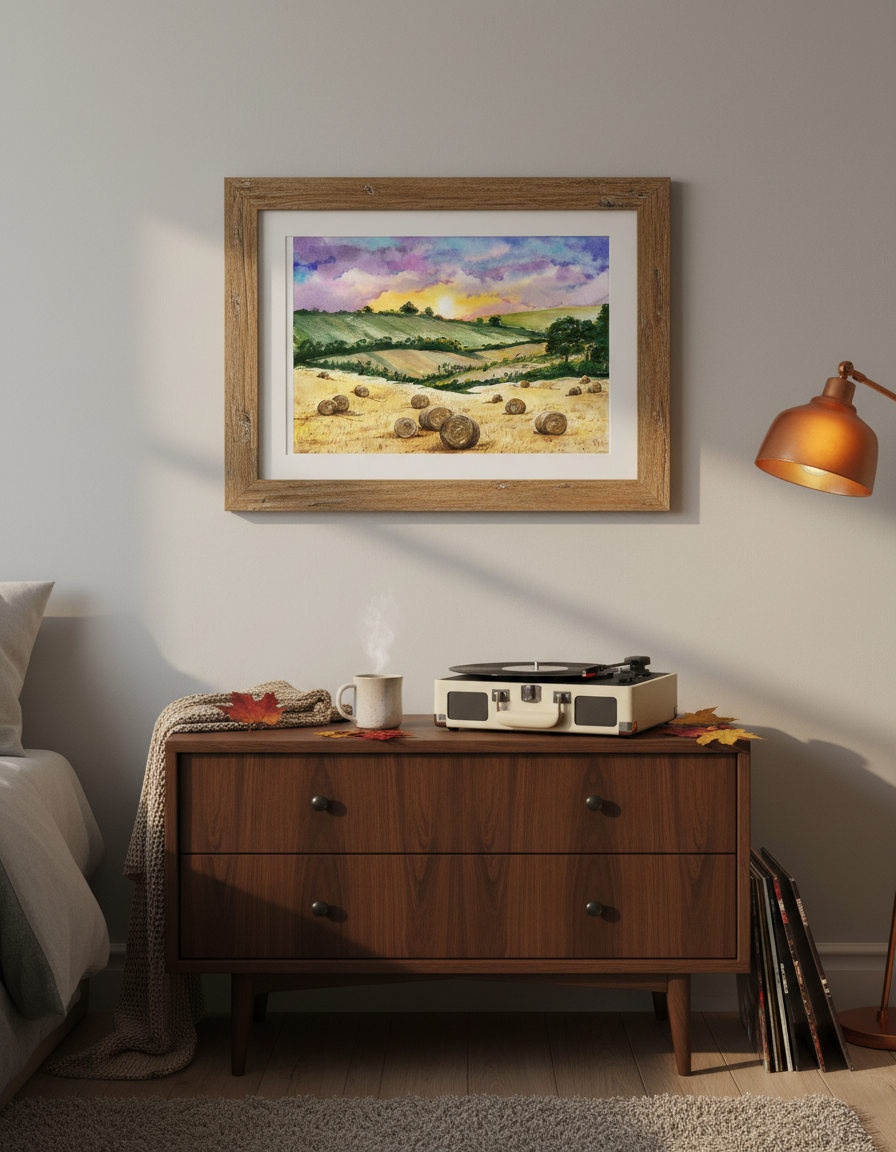Zlaté  pole pod soumrakem - autorská akvarelová ilustrace | art print