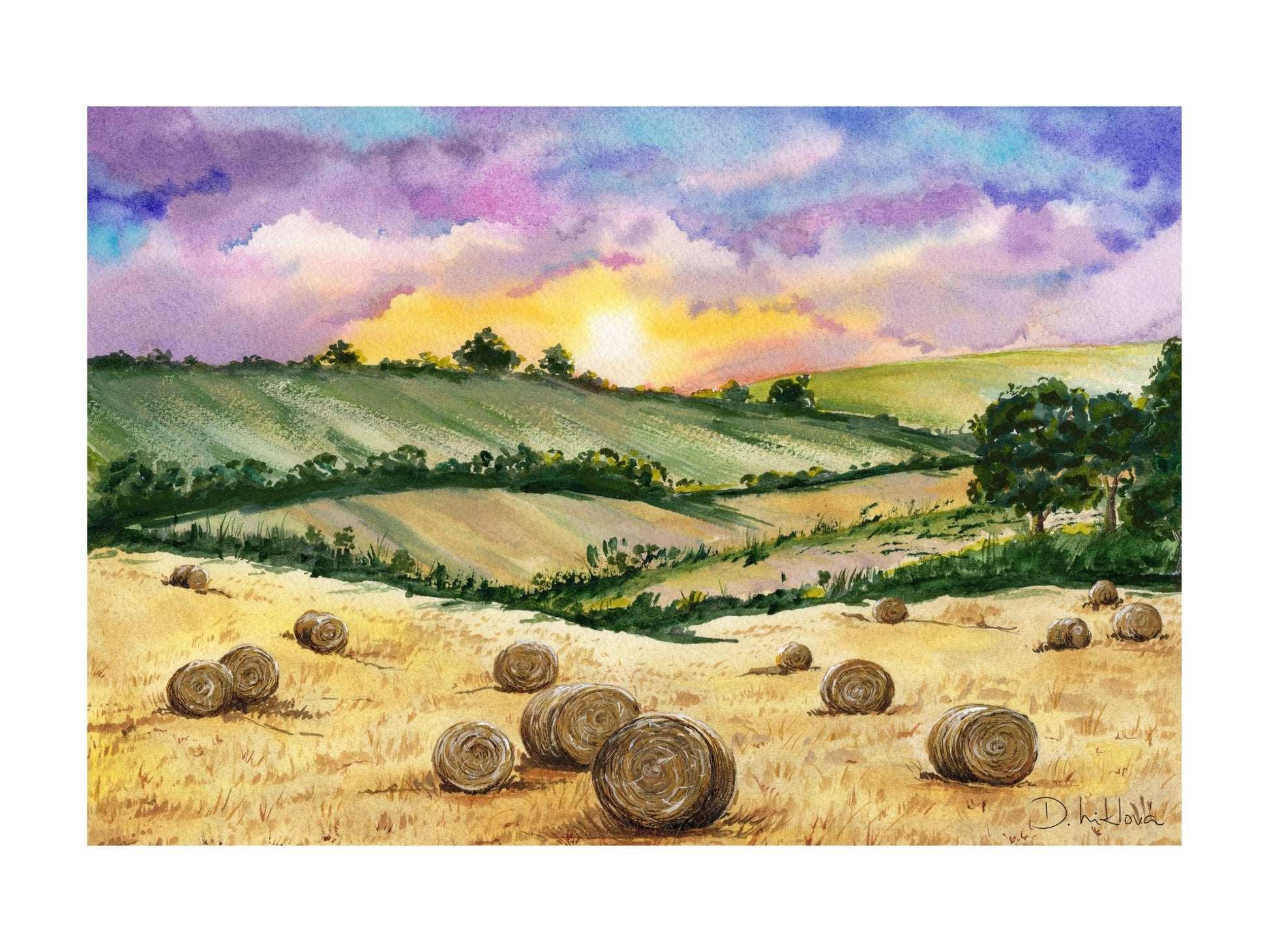Fine art tisk akvarelového obrazu Zlaté pole pod soumrakem – krajina s balíky slámy a západem slunce