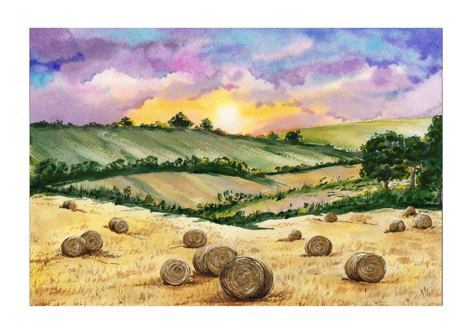 Fine art tisk akvarelového obrazu Zlaté pole pod soumrakem – krajina s balíky slámy a západem slunce